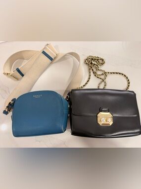 RADLEY LONDON Teal Blue Pebbled Leather Crossbody with Cream Wide Strap